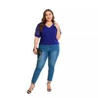Fashion Style Women's T-shirt Pure Color Mesh Short Sleeve V-neck Puff Sleeve Mid-Length Cotton Street Fashion Tops main image 5