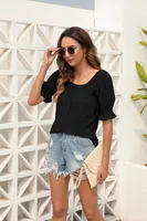 Women's Summer Casual Loose Short Sleeves U-Neck T-shirt Sweet Fresh Style Puff Sleeve Mid-Length Top Bandage Dress Sleeve sku image 6