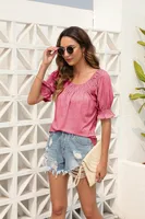 Women's Summer Casual Loose Short Sleeves U-Neck T-shirt Sweet Fresh Style Puff Sleeve Mid-Length Top Bandage Dress Sleeve sku image 20