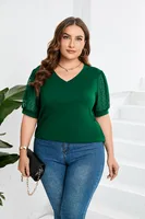 Fashion Style Women's T-shirt Pure Color Mesh Short Sleeve V-neck Puff Sleeve Mid-Length Cotton Street Fashion Tops sku image 6