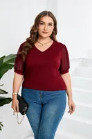 Fashion Style Women's T-shirt Pure Color Mesh Short Sleeve V-neck Puff Sleeve Mid-Length Cotton Street Fashion Tops sku image 1