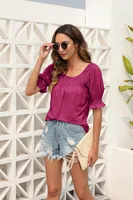 Women's Summer Casual Loose Short Sleeves U-Neck T-shirt Sweet Fresh Style Puff Sleeve Mid-Length Top Bandage Dress Sleeve sku image 1