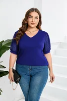 Fashion Style Women's T-shirt Pure Color Mesh Short Sleeve V-neck Puff Sleeve Mid-Length Cotton Street Fashion Tops sku image 13