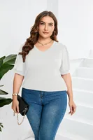 Fashion Style Women's T-shirt Pure Color Mesh Short Sleeve V-neck Puff Sleeve Mid-Length Cotton Street Fashion Tops sku image 23