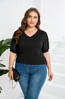 Fashion Style Women's T-shirt Pure Color Mesh Short Sleeve V-neck Puff Sleeve Mid-Length Cotton Street Fashion Tops sku image 19