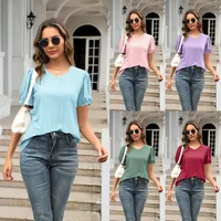 Summer  Women's European T-shirt V-neck Stitching Flanging Short Sleeve Fresh Sweet Style Polyester Fabric Regular Sleeve main image 1
