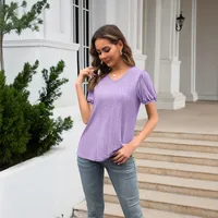 Summer  Women's European T-shirt V-neck Stitching Flanging Short Sleeve Fresh Sweet Style Polyester Fabric Regular Sleeve main image 2