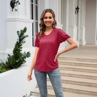 Summer  Women's European T-shirt V-neck Stitching Flanging Short Sleeve Fresh Sweet Style Polyester Fabric Regular Sleeve main image 3