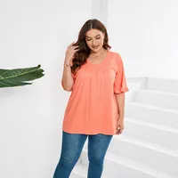Casual Loose-Fitting Women's V-neck T-shirt  Style Fresh Sweet Short Sleeve Pleated Hem Lace Short-Sleeved Casual Top main image 2