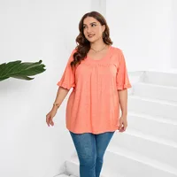 Casual Loose-Fitting Women's V-neck T-shirt  Style Fresh Sweet Short Sleeve Pleated Hem Lace Short-Sleeved Casual Top main image 3