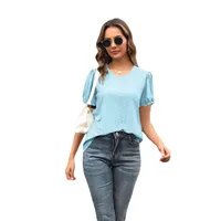 Summer  Women's European T-shirt V-neck Stitching Flanging Short Sleeve Fresh Sweet Style Polyester Fabric Regular Sleeve main image 5