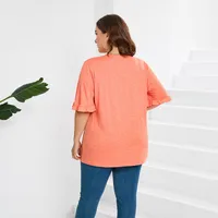 Casual Loose-Fitting Women's V-neck T-shirt  Style Fresh Sweet Short Sleeve Pleated Hem Lace Short-Sleeved Casual Top main image 4