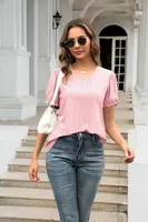 Summer  Women's European T-shirt V-neck Stitching Flanging Short Sleeve Fresh Sweet Style Polyester Fabric Regular Sleeve sku image 7