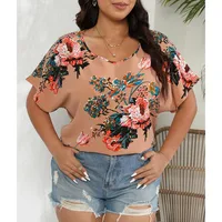 Floral Print Plus Size Round Neck Short Sleeve Chiffon Blouse Women Loose Design Street Style Three Quarter Sleeve Batwing Sleeve main image 2
