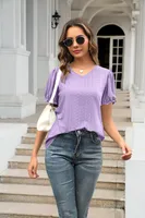 Summer  Women's European T-shirt V-neck Stitching Flanging Short Sleeve Fresh Sweet Style Polyester Fabric Regular Sleeve sku image 15