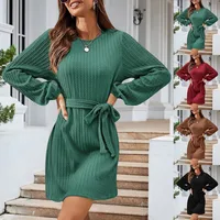 Autumn And Winter New Casual Knitted Dress European Ladies Fashion Belt Long Sleeve Twist-Knot Ruffles Ankle-Length Dress main image 1