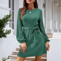 Autumn And Winter New Casual Knitted Dress European Ladies Fashion Belt Long Sleeve Twist-Knot Ruffles Ankle-Length Dress main image 2