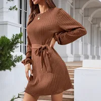 Autumn And Winter New Casual Knitted Dress European Ladies Fashion Belt Long Sleeve Twist-Knot Ruffles Ankle-Length Dress main image 3