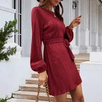 Autumn And Winter New Casual Knitted Dress European Ladies Fashion Belt Long Sleeve Twist-Knot Ruffles Ankle-Length Dress main image 4