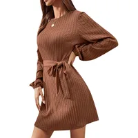 Autumn And Winter New Casual Knitted Dress European Ladies Fashion Belt Long Sleeve Twist-Knot Ruffles Ankle-Length Dress main image 5