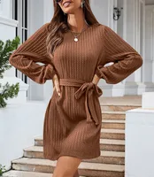 Autumn And Winter New Casual Knitted Dress European Ladies Fashion Belt Long Sleeve Twist-Knot Ruffles Ankle-Length Dress sku image 15