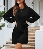 Autumn And Winter New Casual Knitted Dress European Ladies Fashion Belt Long Sleeve Twist-Knot Ruffles Ankle-Length Dress sku image 19