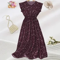 Elegant Floral Maxi Dress Women V-neck Pleated Waist Elastic A- Line Short Sleeve Dress Fashion Commuter Anklet Dress Dress sku image 1