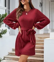 Autumn And Winter New Casual Knitted Dress European Ladies Fashion Belt Long Sleeve Twist-Knot Ruffles Ankle-Length Dress sku image 6