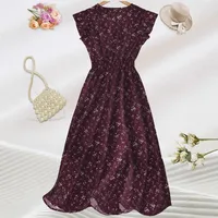Elegant Floral Maxi Dress Women V-neck Pleated Waist Elastic A- Line Short Sleeve Dress Fashion Commuter Anklet Dress Dress main image 2