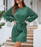 Autumn And Winter New Casual Knitted Dress European Ladies Fashion Belt Long Sleeve Twist-Knot Ruffles Ankle-Length Dress sku image 2