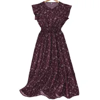 Elegant Floral Maxi Dress Women V-neck Pleated Waist Elastic A- Line Short Sleeve Dress Fashion Commuter Anklet Dress Dress main image 5