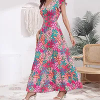 Summer New Sweet Floral Print Mini Dress  Style Holiday Fashion V-neck Sleeveless Elegant Ankle Length main image 1