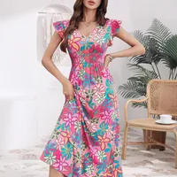 Summer New Sweet Floral Print Mini Dress  Style Holiday Fashion V-neck Sleeveless Elegant Ankle Length main image 3