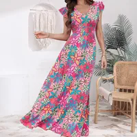Summer New Sweet Floral Print Mini Dress  Style Holiday Fashion V-neck Sleeveless Elegant Ankle Length main image 4