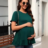 Casual Loose Short Sleeves Pleated Ruffled Hem Maternity T-shirt Spring And Summer  Style Commuter Solid Color Top main image 1
