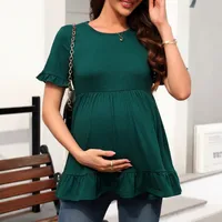 Casual Loose Short Sleeves Pleated Ruffled Hem Maternity T-shirt Spring And Summer  Style Commuter Solid Color Top main image 2