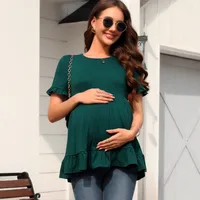 Casual Loose Short Sleeves Pleated Ruffled Hem Maternity T-shirt Spring And Summer  Style Commuter Solid Color Top main image 3
