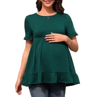Casual Loose Short Sleeves Pleated Ruffled Hem Maternity T-shirt Spring And Summer  Style Commuter Solid Color Top main image 5