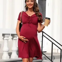 Fashion Style Maternity Dress With Drawstring V-neck Short Sleeve Full Ruffled Hem Cotton Rayon Blend Knee-Length Dress main image 1