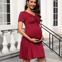 Fashion Style Maternity Dress With Drawstring V-neck Short Sleeve Full Ruffled Hem Cotton Rayon Blend Knee-Length Dress main image 4