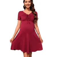 Fashion Style Maternity Dress With Drawstring V-neck Short Sleeve Full Ruffled Hem Cotton Rayon Blend Knee-Length Dress main image 5