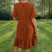 Elegant Round Neck Lace Stitching Solid Color Spring And Summer New Women's Dress Gore Skirt Short Sleeve Mid-Length Dress Dress Commuter Quality main image 4