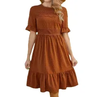 Elegant Round Neck Lace Stitching Solid Color Spring And Summer New Women's Dress Gore Skirt Short Sleeve Mid-Length Dress Dress Commuter Quality main image 5