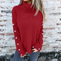 Casual Turtleneck Button Women's Knitwear Cotton Spandex Long Sleeve Solid Color Autumn And Winter New  Style main image 2