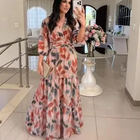 Elegant Long Printed Dress V-neck Women's Fashion Summer New  Style Sleeve Lantern Half Sleeve Length main image 1