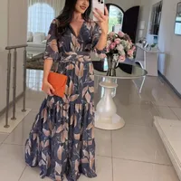 Elegant Long Printed Dress V-neck Women's Fashion Summer New  Style Sleeve Lantern Half Sleeve Length main image 2