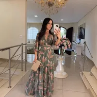 Elegant Long Printed Dress V-neck Women's Fashion Summer New  Style Sleeve Lantern Half Sleeve Length main image 3