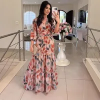 Elegant Long Printed Dress V-neck Women's Fashion Summer New  Style Sleeve Lantern Half Sleeve Length main image 4