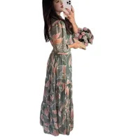 Elegant Long Printed Dress V-neck Women's Fashion Summer New  Style Sleeve Lantern Half Sleeve Length main image 5