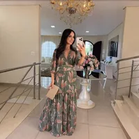 Elegant Long Printed Dress V-neck Women's Fashion Summer New  Style Sleeve Lantern Half Sleeve Length sku image 6